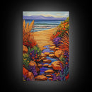 Path Ocean, Flowers, Shoreline, Framed Canvas Print, Bright coastal landscape, colorful wildflower path, Bathroom or Entryway Wall Art
