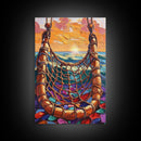 Ocean Hammock, Sunset, Boho, Framed Canvas Print dreamy hammock wall art, ocean sunset boho painting, coastal beach decor, patio art
