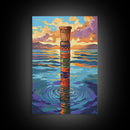 Tribal Water, Pole, Peaceful, Framed Canvas Print tranquil ocean pole artwork, tribal inspired sea painting, boho decor, hallway wall art
