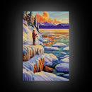 Winter Fishing, Snow, Landscape, Framed Canvas Print peaceful snowy fishing scene, winter mountain art, lodge or cabin living room wall decor