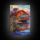Cabin Dock, Water, Reflection, Framed Canvas Print, lake house decor, cozy retreat wall art, rustic reflection painting, fall colors