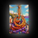 Nautical Rope, Dock, Summer, Framed Canvas Print, Nautical Rope Wall Art, Summer Decor, Bright Harbor Painting, Beach House Wall Accent