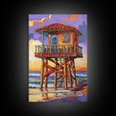 Lifeguard Ocean, Surf, Sunset, Framed Canvas Print, Vibrant Lifeguard Tower Canvas, Surf Shack Painting, Beach Wall Art, Living Room Accent