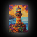 Lighthouse Ocean, Sunset, Boho, Framed Canvas Print, Lighthouse Wall Art, Coastal Decor, Nautical Sunset Canvas, Living Room Boho Artwork