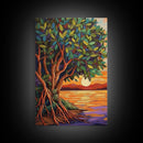 Sunset Tree, Roots, Mangrove Tree Wall Art, Spiritual Nature Decor, Zen Meditation Room Accent, Framed Canvas Print