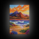 Mountain Coast, Sunset, Bold Desert Landscape Painting, Nature Adventure Art, Office Wall Decor, Framed Canvas Print