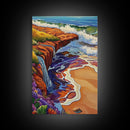 Waterfall Beach, Sunset, Coastal Landscape Framed Canvas Print, Colorful Ocean Wall Decor, Living Room Coastal Art, Seaside Painting