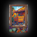 Rustic Wagon, Village, Colorful House Framed Canvas Print, Southwest Home Decor, Farmhouse Kitchen Wall Art, Mexican Art Style