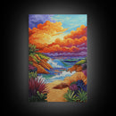 Seaside Sunset, Cliff, Dramatic Clouds Framed Canvas Print, Vibrant Ocean Wall Decor, Bathroom Beach Art, Coastal Expressionism