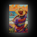 Seaside Man, Sunset, Framed Canvas Print, Vibrant beach artwork, coastal boho decor, hallway wall art, Mexico travel scene painting