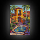 Spanish Fountain, Courtyard, Tropical, Framed Canvas Print, Vibrant Summer Wall Art, Hacienda Living Room Decor, Eclectic Boho Style