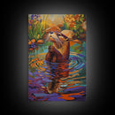 Whimsical Otter Art, Animal Lover Gift, Vibrant Nature Print, Wildlife Decor, Framed Canvas Print, Nursery Wall Art, playful artwork