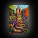 Garden Shrine, Stone Steps, Mission Style, Framed Canvas Print, colorful religious art, desert decor, boho rustic, Living Room Wall Art