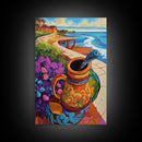 Ocean View, Rustic Charm, Colorful Pottery, Coastal Decor, Framed Canvas Print, Dining Room Wall Art, Mexican Folk Art, vibrant style