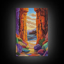 Hidden Cove, Rocky Entry, Ocean View, Sunset Moment, Framed Canvas Print, Bedroom Wall Art, Seaside Fantasy, Desert Coastal Decor