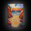 Golden Beach, Sunset Cliffs, Vibrant Ocean Art, Coastal Escape, Fall Color Palette, Canvas Print, Bedroom Wall Art, Tranquil Style