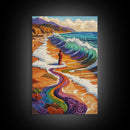 Rainbow Wave, Beach Woman, Mystical Shoreline, Color Explosion, Framed Canvas Print, Spiritual Wall Art, Vibrant Meditation Art