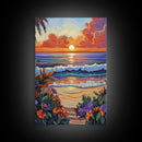 Tropical Beach, Sunset Waves, Lush Florals, Orange Glow — Framed Canvas Print vibrant coastal art, bathroom or bedroom beach decor, boho vibe