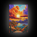 Golden Sky, Mountain Lake, Sunset Clouds, Vibrant Hills — Canvas Print whimsical nature scene, bold landscape wall decor, cozy Autumn vibe