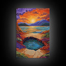 Sunset Lake Reflection, Fiery Sky, Tranquil Water, Mountain Glow, Framed Canvas Print, Bedroom Wall Art, Autumn Decor, Serene Art