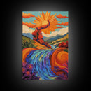 Sunflower River Scene, Whimsical Nature Landscape, Joyful Energy Art, Framed Canvas Print, Bright Nursery Wall Art, Autumn Boho Style