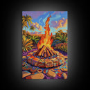 Campfire Palm Trees, Flame, Sunset, Framed Canvas Print tropical bonfire art, cozy fire pit painting, Fall decor, outdoor living room wall art