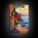 Seaside Terrace, Sunset Florals, Framed Canvas Print romantic ocean view artwork, Mediterranean decor, Kitchen Wall Art, rustic art