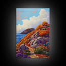 Autumn Cliffside, Trail, Ocean, Framed Canvas Print, fall coastal landscape, boho mountain decor, bold colors, seasonal Living Room art