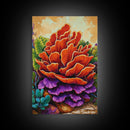 Succulent, Cactus, Orange, Purple, Framed Canvas Print, Bold desert succulent bloom art in orange and purple, living room statement piece