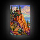 Cliff Cabin, Ocean, Trees, Framed Canvas Print, Seaside cabin on cliff with vivid trees and ocean view, rustic fall living room wall art