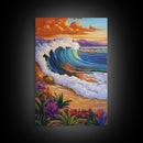Wave Sunset, Ocean, Flowers, Canvas Print, Crashing sunset wave with tropical flowers, coastal bathroom and surf-themed wall decor