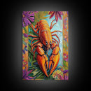 Lobster Coastal, Nautical, Kitchen, Framed Canvas Print, Bold orange lobster art with tropical florals, great coastal kitchen wall art