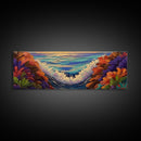 Sunset Waves, Floral Reef, Coastal Water, Colorful Nature, Framed Canvas Print, Bathroom Wall Art, Beach Vibes, Bright Seascape Art