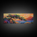 Coastal Tree, Sunset Glow, Flowering Branches, Ocean Horizon, Canvas Print, Bedroom Wall Art, Tranquil Nature Scene, Vibrant Landscape