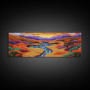 Desert River Sunset, Bold Nature Painting, Vibrant Landscape, Fall Wall Decor, Earthy Living Room Framed Canvas Print, Beach House Wall Art