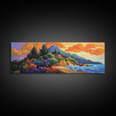 Coastal Forest, Sunset Beach, Lush Pines, Mountain Glow, Framed Canvas Print, outdoor art, nature landscape, hallway decor