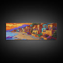 Seaside Village Sunset, Colorful Coastal Homes, Vibrant Ocean View, Framed Canvas Print, Beach House Decor, Bohemian Art