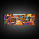 Colorful Village Lane, Bright Street Scene, Adobe Style Architecture, Framed Canvas Print, Boho Entryway Wall Art, Kitchen Decor