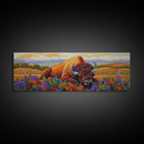 Resting Bison, Sunset Plains, Prairie Wildflowers, Framed Canvas Print, Autumn Decor, Western Wall Art, Cabin Living Room Accent