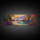 Waterfall Cove, Sunset Seascape, Tropical Paradise, Nature Retreat, Framed Canvas Print, Bathroom Wall Art, Vibrant Coastal Art