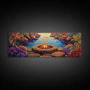 Campfire by River, Autumn Glow, Cozy Outdoor Scene, Framed Canvas Print, fall landscape, rustic decor, lodge wall art, den artwork