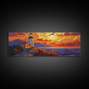Seaside Lighthouse View, Sunset Birds, Coastal Dream, Framed Canvas Print, ocean wall art, rustic beach decor, entryway statement piece