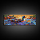 Loon Painting, Tranquil Waters, Sunset Paddle, Colorful Feathers, Framed Canvas Print, lake house art, wildlife nature decor