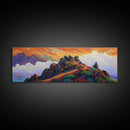 Mountain Peak Trail, Vibrant Sunset Hike Scene, Nature Adventure Wall Art, Framed Canvas Print, Boho Office or Den Decoration