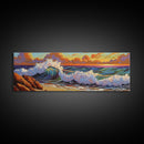 Vibrant Wave Break, Sunset Beach Art, Ocean Surf Decor, Modern Seascape Accent, Living Room Wall, Framed Canvas Print