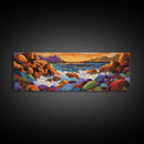 Rocky Coastline, Sunset Splash, Rainbow Stones, Framed Canvas Print, Bathroom Wall Art, Modern Seaside Art, Bold Landscape Vibes