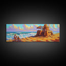 Beach Fortress, Family Fun, Ocean Adventure, Sunny Day Framed Canvas Print, Vacation Memory Wall Art, Playroom Beach Art