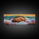 Rocky Shoreline Scene, Vibrant Sea Garden, Coastal Wave Power, Nature Texture Painting, Framed Canvas Print, Ocean Lover Wall Art