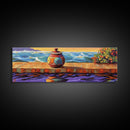 Ocean Vase Scene, Coastal Pottery Painting, Serene Sunset Dock, Beachfront Wall Style, Framed Canvas Print, Nautical Bathroom Art