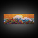 Sunset Wave, Colorful Spray, Ocean Burst, Warm Tones, Framed Canvas Print, surf-inspired bedroom art, coastal decor, tropical fall wall piece